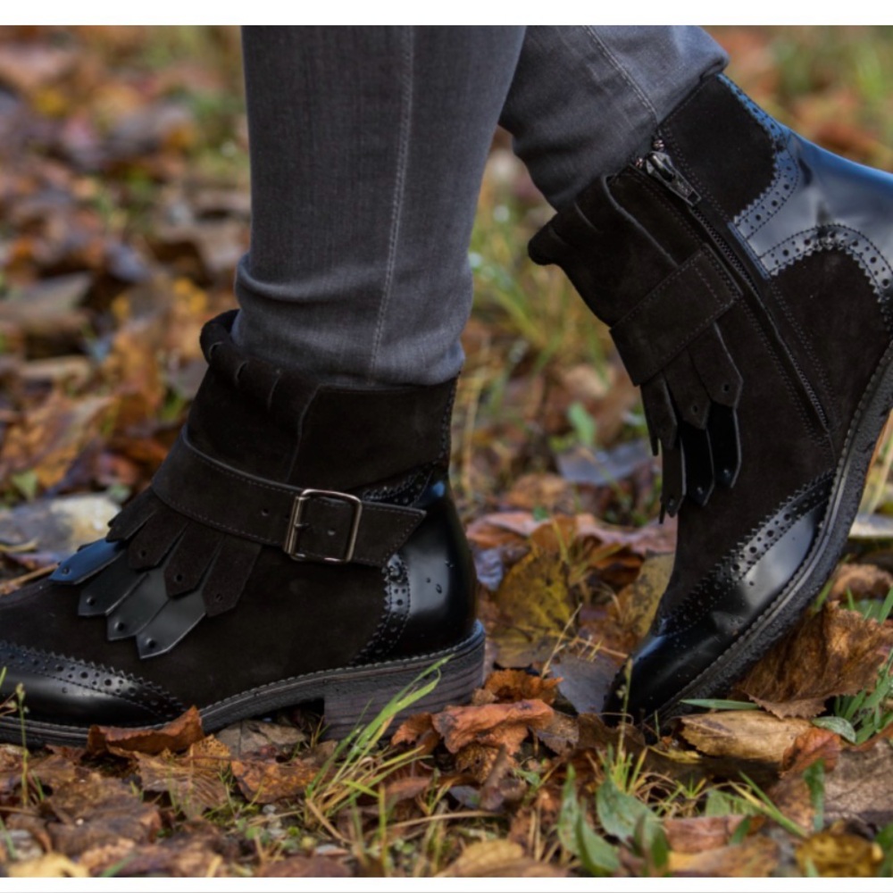 Paul Green Miller Kiltie Fringe Wingtip Black Leather & Suede Ankle Bootstrap